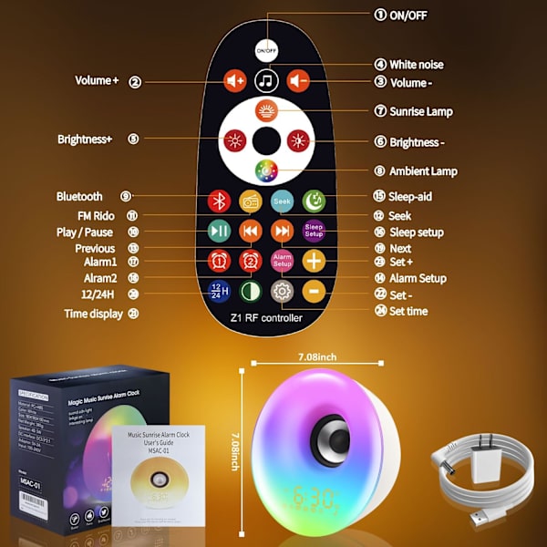 Solopgangs vækkeur, vækkeur med lys til børn, tunge sovende, Bluetooth-højttaler med lys, 21 naturlyde, falde i søvn, snooze, FM-radio, gave