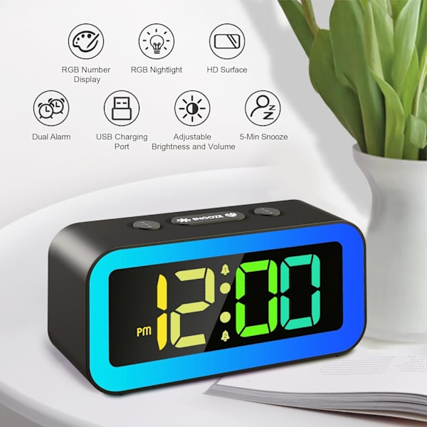Färgglad nattlampa LED digital väckarklocka med superhög dubbelalarm, vardagsläge, snooze, dimmer, USB-laddningsport för vardagsrum, sovrum,