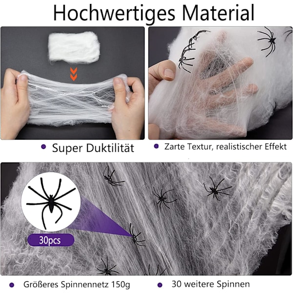 150g Spindelnät Halloween-dekorationer - Sträckbara falska spindelnät
