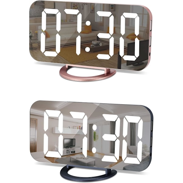 Digital väckarklocka Set 2, LED och spegel digital stor display med dubbla USB-laddningsportar | Auto Dimmer Mode | Enkelt snooze, modern skrivbordsvägg