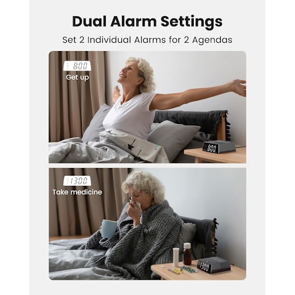 Vækkeur med 4 USB-opladere, stikdåse med 3 stikkontakter, 1700J overspændingsbeskyttelse, natbordslampe med dæmpbar digitalt ur med dobbelt alarm og snooze-funktion