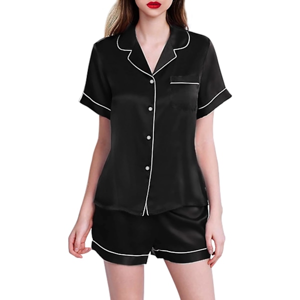 Sidenpyjamas Kortärmad Pyjamas för Kvinnor Satin Nattkläder Knapp-Ner Pj Set