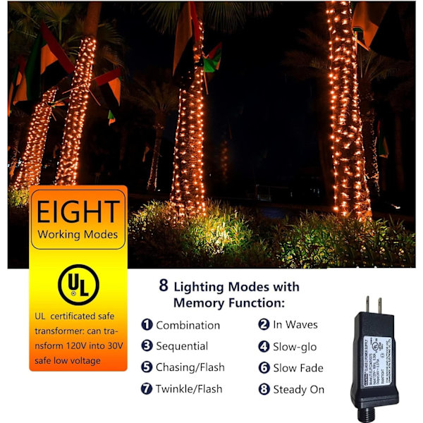 Oransje Halloween-lyskjede, 200 LED 66ft 8 moduser Halloween-lys, UL-sertifiserte sammenkoblede oransje lyskjeder for hjem, hage, veranda,
