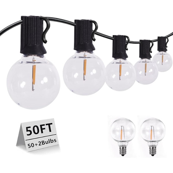 50ft LED-ljusslingor för utomhusbruk, med 50+2 plastlampor Patio-lampor（Två reservlampor）, Vattentäta ljusslingor för utomhusbruk Lämpliga för bistro,