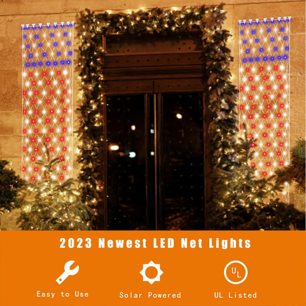 160 LED solcells amerikanska flaggljus utomhus, 6,6ft x 1,5ft fjärde juli dekorationer veranda lampor, 8 lägen röda vita och blå banderoller lampor för