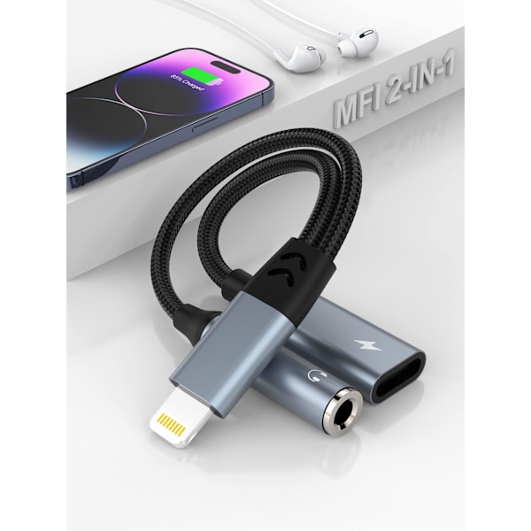 iPhone Hovedtelefon og Oplader Adapter 2-i-1 Lightning til 3,5 mm AUX Audio + Lightning Oplader Dongle Splitter til iPhone 14/13/12/11 Pro