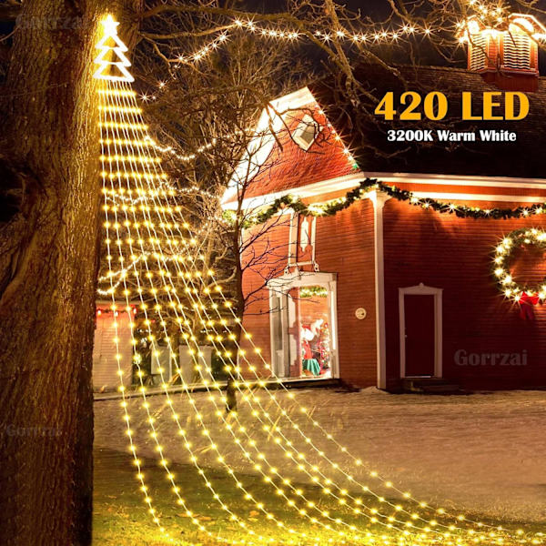420 LED utomhus juldekorationer stjärn ljusslingor vattentäta ljusslingor med julgransprydnad, 8 belysningslägen vattenfallsljus