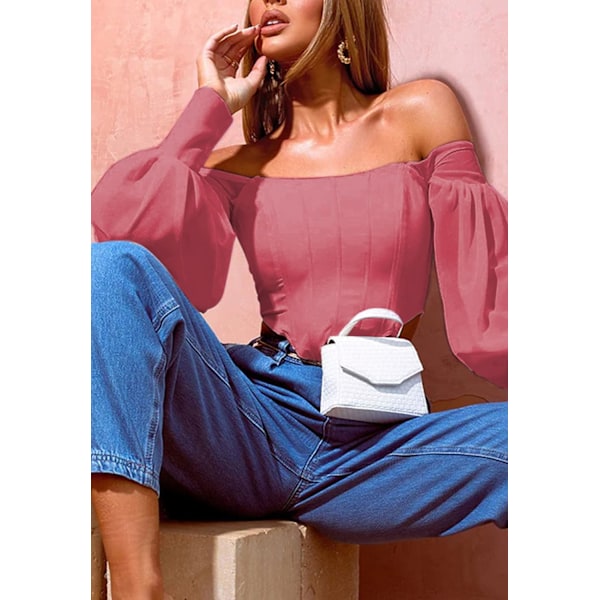 Kvinnors off shoulder genomskinlig ärm korsett topp dragkedja tillbaka