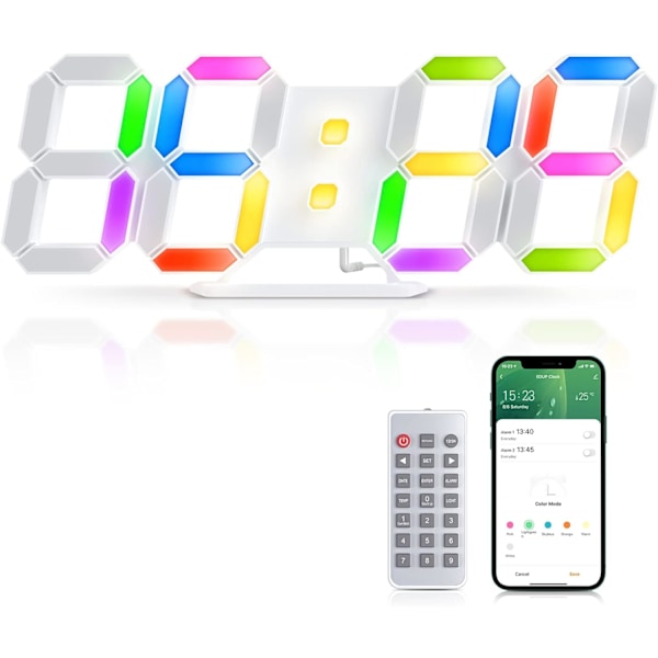 3D LED digital vekkerklokke med 7 farger, RGB, tidssynkronisering, APP/fjernkontroll, 9,7\" veggbordklokke, timer, automatisk dimmer, nattlys, 9,7'' Led