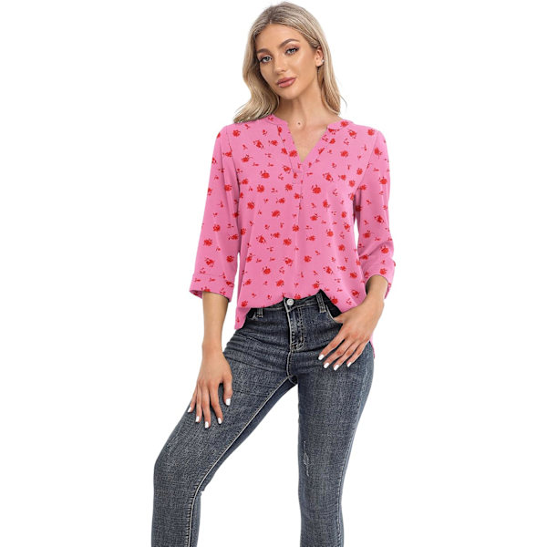 Damtoppar Casual Chiffon Blusar Toppar 3/4 Ärm V-Ringad Tunika Topp Lös Skjorta
