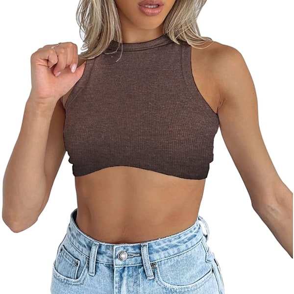 Kvinnors Crew Neck Racerback Stickad Ribbad Basic Ärmlös Crop Tank Tops