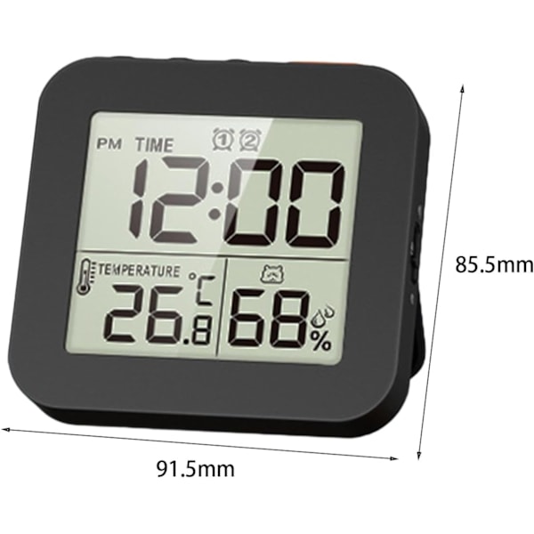 Digitalt badeværelsesur, digitalt vækkeur, bærbar LCD-skærm temperaturvisning, termometer hygrometer ur, til hjemmet, 2 stk. krog sort