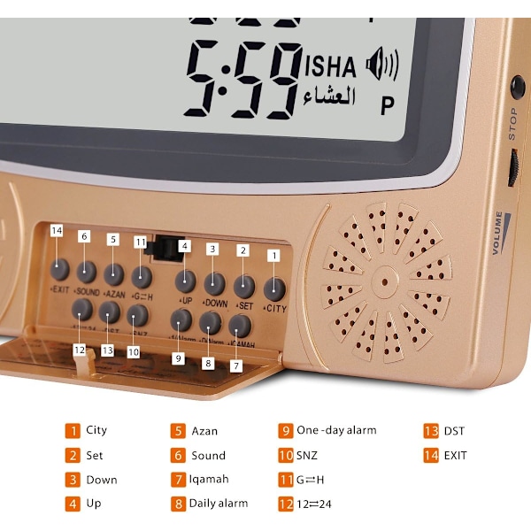 Azan-klokke/bønnetider bordklokke/muslimsk digital alarm, LCD HA-4010 (gull) gull gull