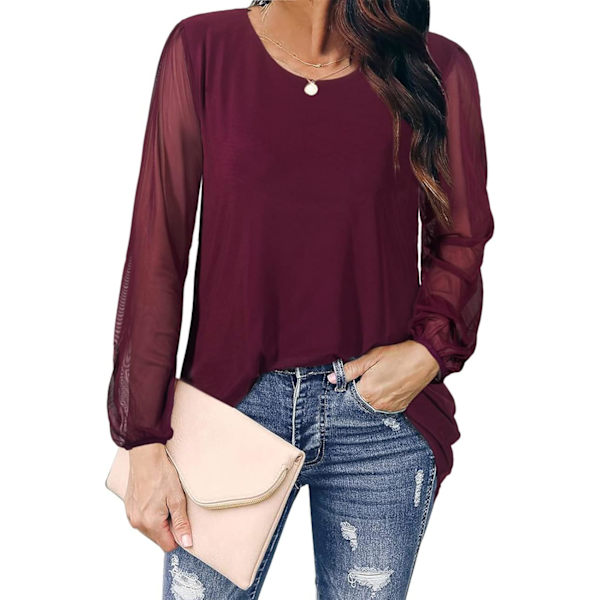 Damruffle långärmad blus ärm mesh blus lös flytande toppar med