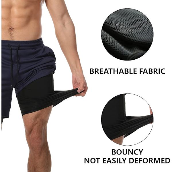 2-i-1 träningsshorts för män, 7 tum, lätta, atletiska gym shorts med