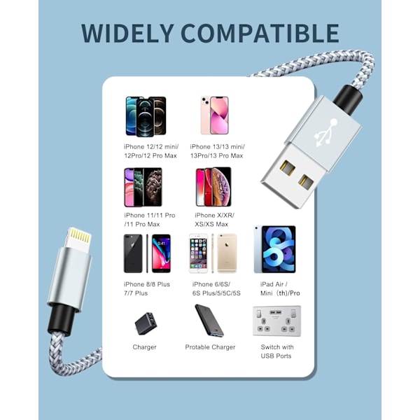iPhone-laddare, 4-pack (3ft 6ft 10ft) laddningskabel MFi-certifierad USB