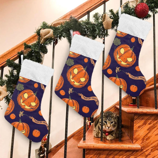 Julklapp, Personliga Julklappsstrumpor 2-pack Halloween Pumpa Blå 45,7 cm Julstrumpor Hängande Ornament Eldstad för Träddekoration