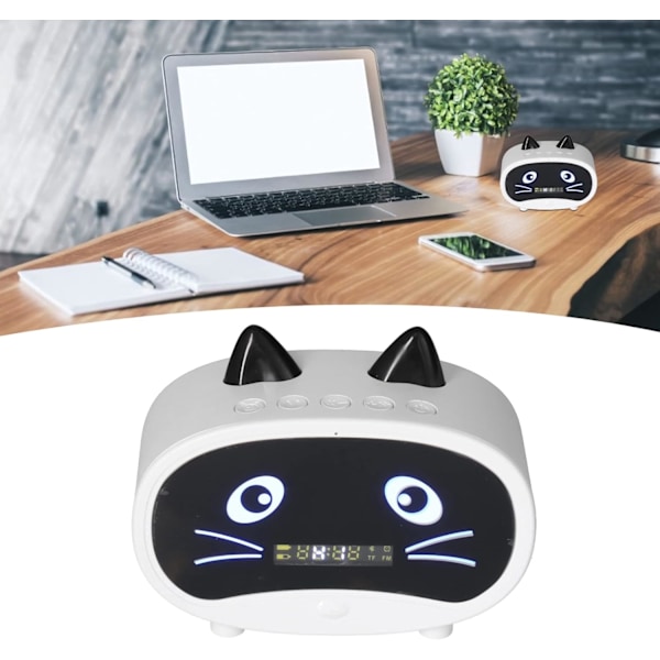Digital väckarklocka högtalare, tecknad katt väckarklocka med temperaturdisplay, dubbel väckarklocka, Bluetooth-högtalare, FM-radio, handsfree-samtal för sovrum
