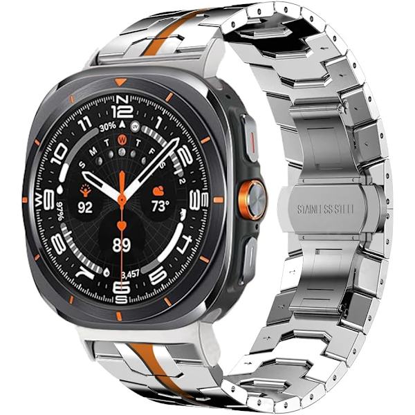 Kompatibel med 2024   Galaxy Watch 7 Ultra Band 47mm, Robust Men Stainless Steel Replacement Link Metal Bracelet Silver/Orange  Silver/Orange