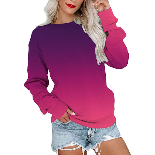 Damtröjor med rund hals, färgblock/enfärgade, långärmade, lediga tröjor, söta, lätta, lösa toppar m5 hot Pink Small