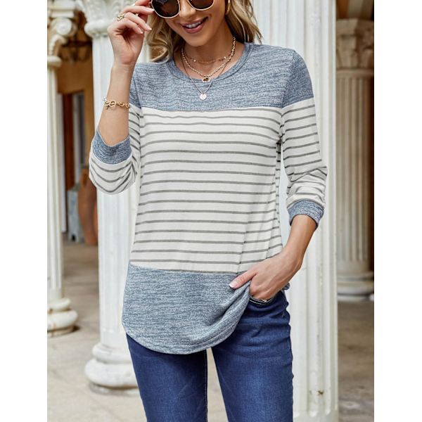 Kvinders 3/4 ærmer toppe casual tunika bluse patchwork stribet skjorte