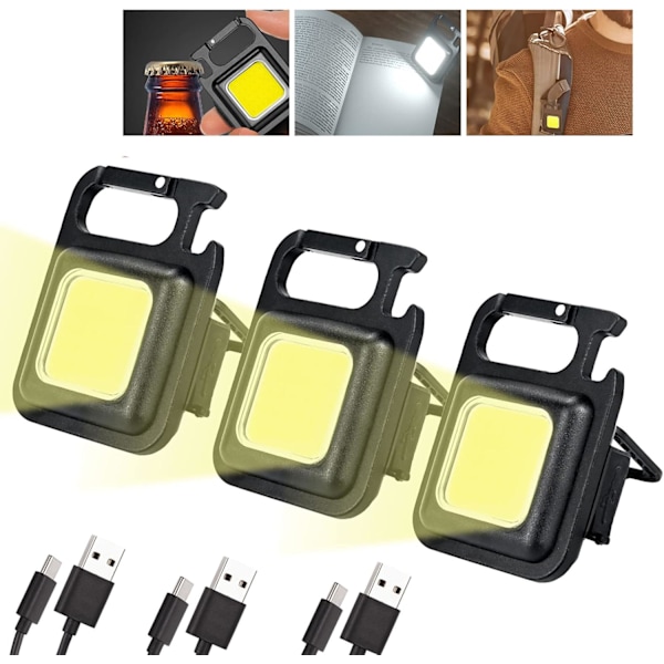 Mini COB Nøkkelring Lommelykt - 1000LM 4 Modus Vanntett | Oppladbar for Bil/Utendørs (3 Pakning)