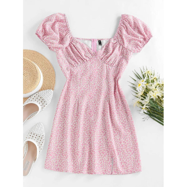 Kvinde Print Puff Ærme Floral Ruched Ternet Lagdelt Snørebånd Mini A Linje Kjole