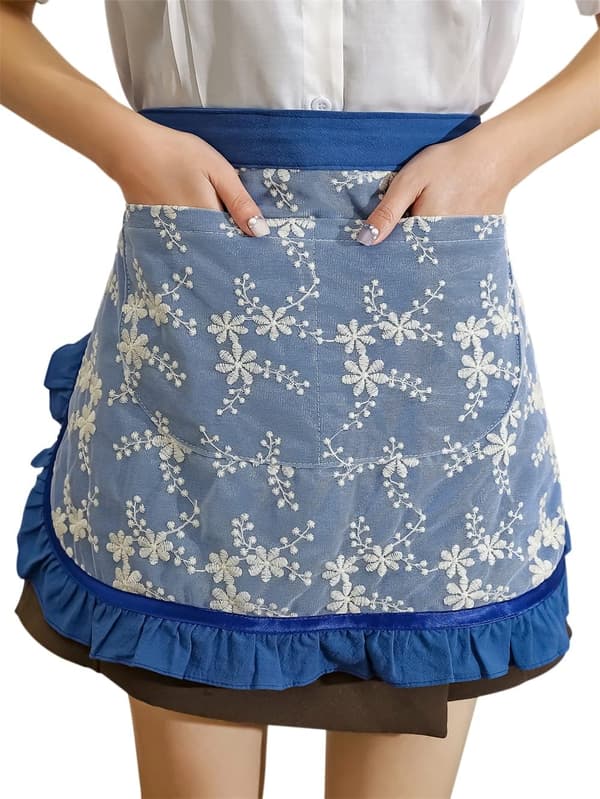 Unisex Kockförkläden Vit Retro Bomull Hembiträde Kort 2 Fickor Midja Servitör Servitris Halv