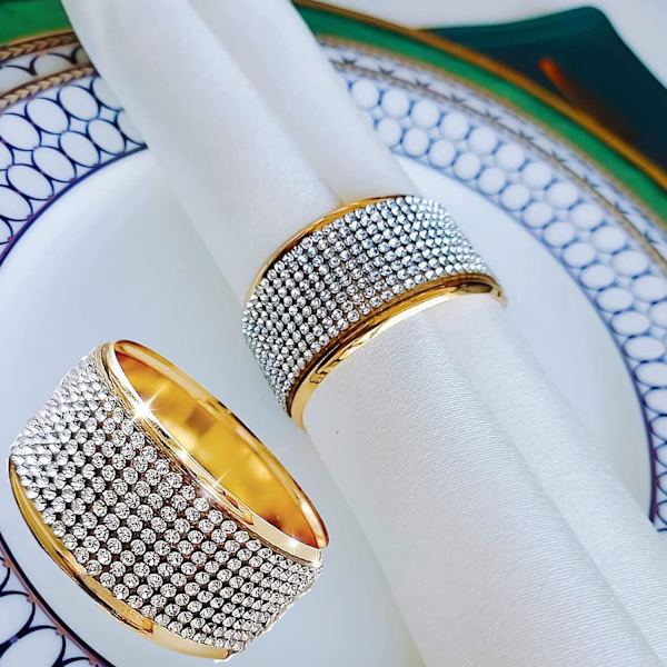 Sølv serviettringer, sett med 6 - Gull serviettring med sølv diamant strass,