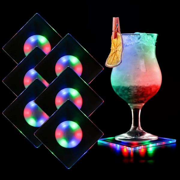 Set med 6 fyrkantiga LED-underlägg - Light Up Coasters för fester