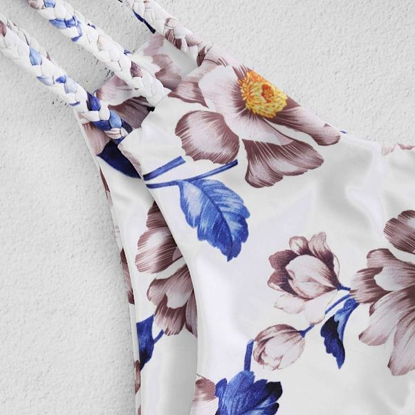 Kvinnors breda remmar knyta knut flätad blommig bikini set tvådelad baddräkt