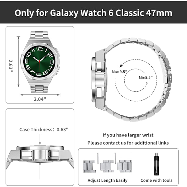 Luksus etui designet til Galaxy Watch 6 Classic 47mm 2023, robust militærbeskyttende metal kofanger etui med taktisk rustfrit stålbånd til