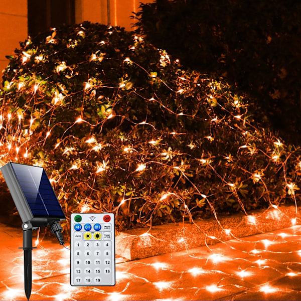 Solcelle Net Halloween Lights Orange, 192 LED Mesh Lights Utendørs, 19 Moduser Transparent Wire Solcelledrevne Wrap Trelys for Hage, Gård, Orange