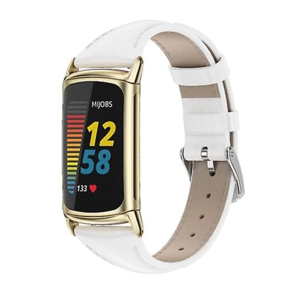 For Fitbit Charge5 Mijobs Ægte Læder Slank Rem White-Gold