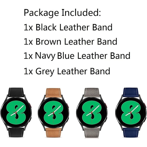 (4-pakning) Lærbånd for Galaxy Watch 5 Pro 45mm/4 Classic 46mm 42mm Remmer Kvinner Menn, O.B.O 20mm Klokkestropp Kompatibel for Galaxy Watch 5/4