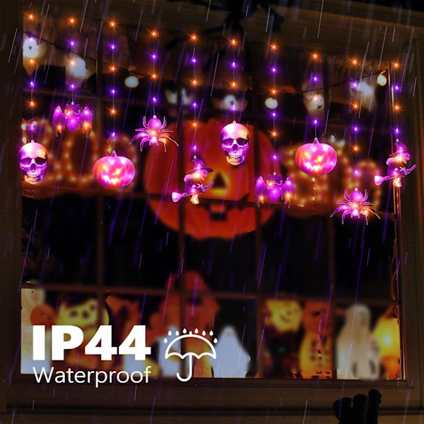 Halloween istapplys, 14,8 fot 108 LED lilla oransje Halloween-lys med 10 Halloween-pynt, 8 moduser og koblingsbar med timer-plugin for