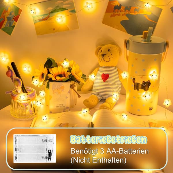 wxsp Stjerner Smil 2M 20LED Lyslenke - Varmhvit AA Batteri Timerfunksjon Barnerom Stemning
