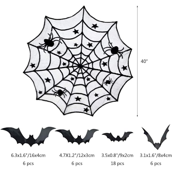 5-delt sett med Halloween-spindelvev-bordløper, svart blonder-spindvev-duk, kaminhylle-skjerf, lampedeksel, 36 stk 3 flaggermusklistremerker, kontor Halloween Ha