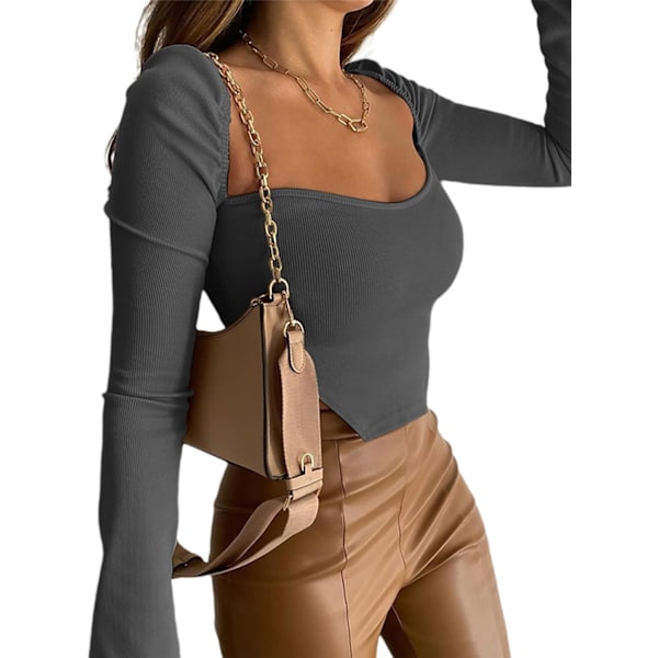 Kvindernes langærmede ribbede strikkede Crop Top Scoop Neck