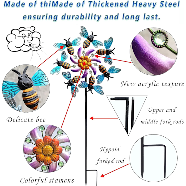 39\" Bie Vind Spinner Metall Hage Stake-Utendørs Hage Værhane-Vind Skulptur Hage Kunst Dekorasjoner for Terrasse, Plen og Hage Blå Blå Blå Blå