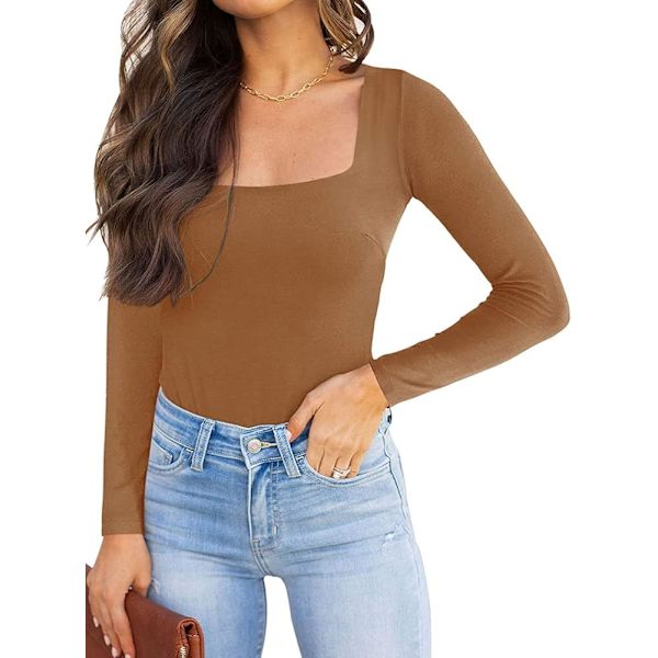 Kvinde Sexet Firkantet Hals Dobbeltforet Langærmet Bodysuit Top Jumpsuits