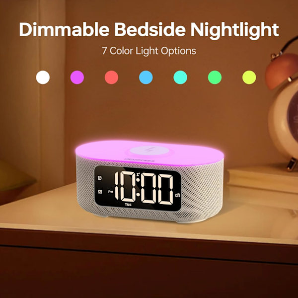Stofvækkeur til soveværelse, med stort LED-skærmdisplay, Bluetooth-stereohøjttaler, FM-radio, hurtig trådløs opladning, USB-opladningsport,