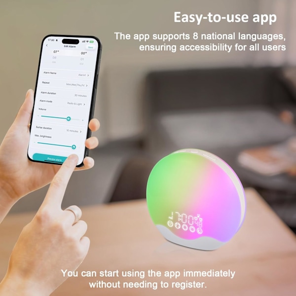 Smart Sunrise Väckarklocka Wake Up Light för tunga sovare, Soluppgång/Solnedgångssimulering, 12 färger, 7 naturliga ljud, Dubbelalarm, FM-radio, Multi