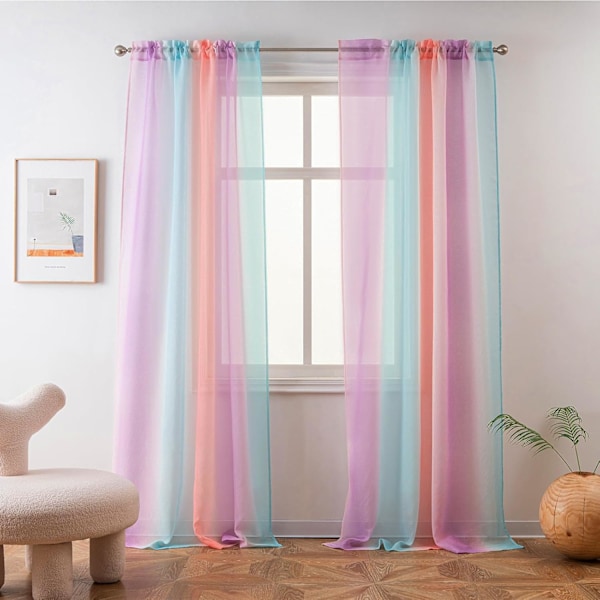 Regnbågsfärgad Ombre Skir Gardin - 140x213 cm Linne-look Enkel Panel - Kanalfåll Design för Flickrum, Barnkammare & Sjöjungfruteman