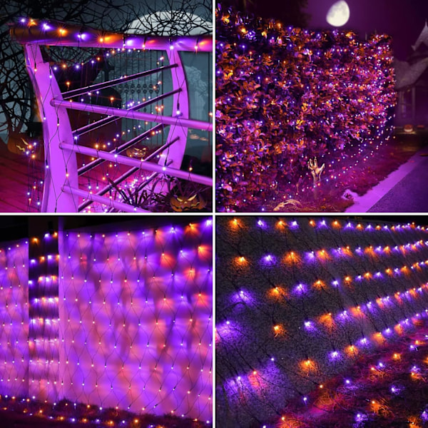 5ft x 5ft Halloween Net Lights Utendørs Nettlys, 8 Moduser Timer Koblingsbar Vanntette Oransje Lilla Busklys Nettinglys for Oransje