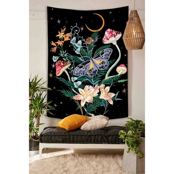 Fjärils- och blomtapet för sovrum (svart, 36'' × 48'')