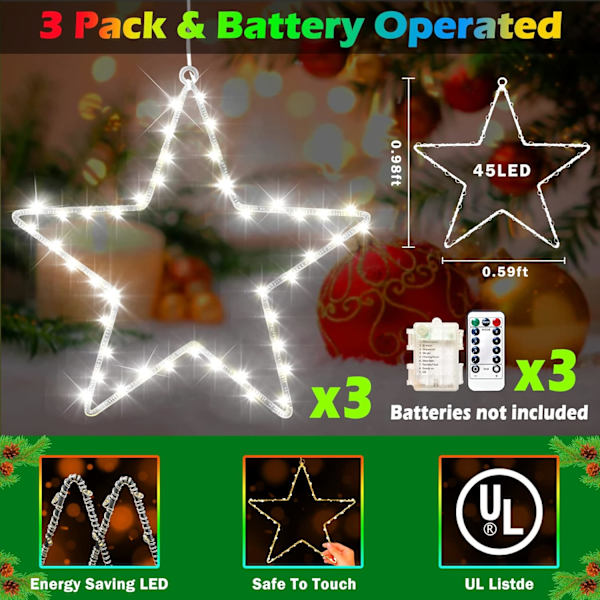 Julevindueslys 3-pak batteridrevet LED-stjernelys 8 tilstande timer