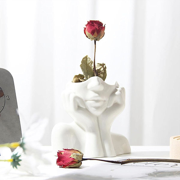 Hoved Ansigts Vase til Planter Keramisk Krop Blomster Vase til Moderne Hjemmeindretning Hvid Matt Dekorativ Vase Moderne Chic Vase Dekoration til Kontor Hjem A  A