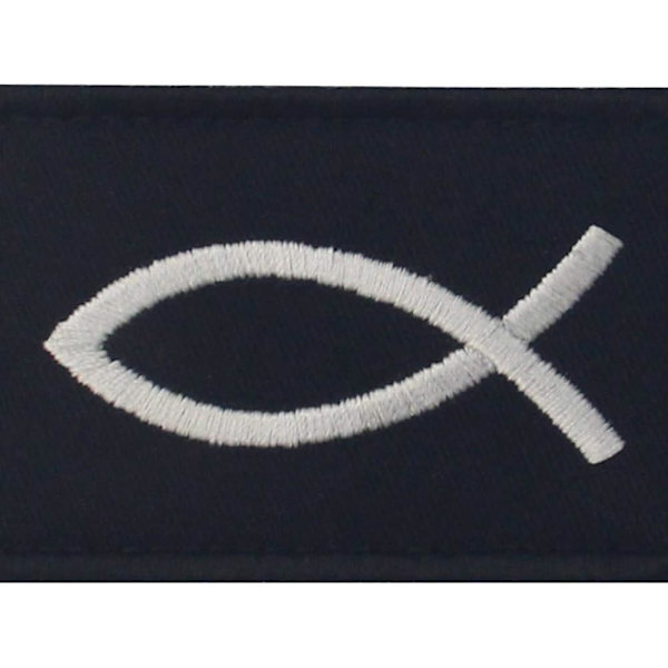 Jesus fisk patch - broderet morale patch med krog- og løkkeemblem (hvid og sort)