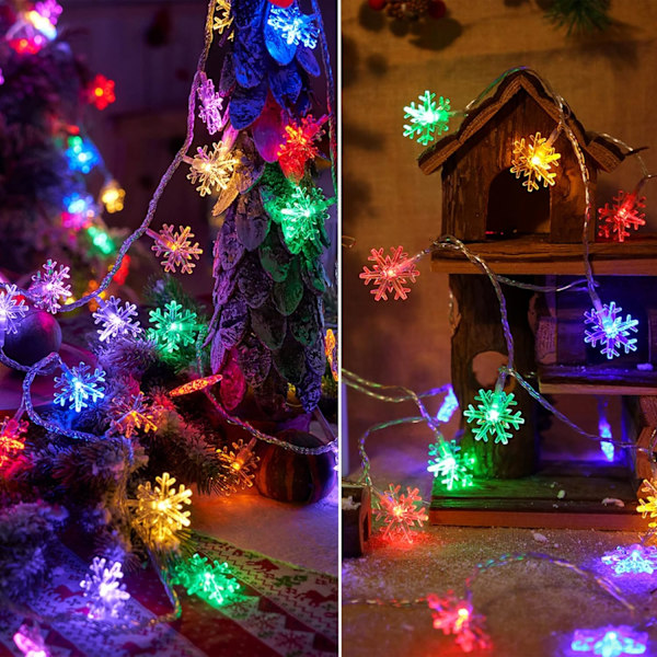 2 pakker jule-snefnuglys, 50LED 24FT udendørs juledekorative lyskæder, 8 lystilstande og timer, batteridrevet vandtæt til